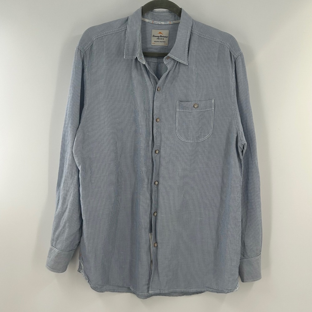 Tommy Bahama Jeans Mens Linen Tencel Blue Stripe Button Down Shirt Long Sleeve